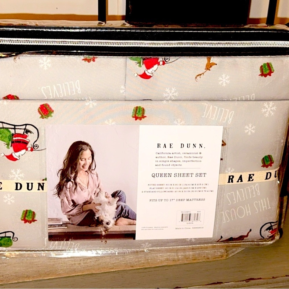NWT Rae Dunn Christmas Holiday Seasonal Queen Sheet Set ~ SANTA/BELIEVE/Gray